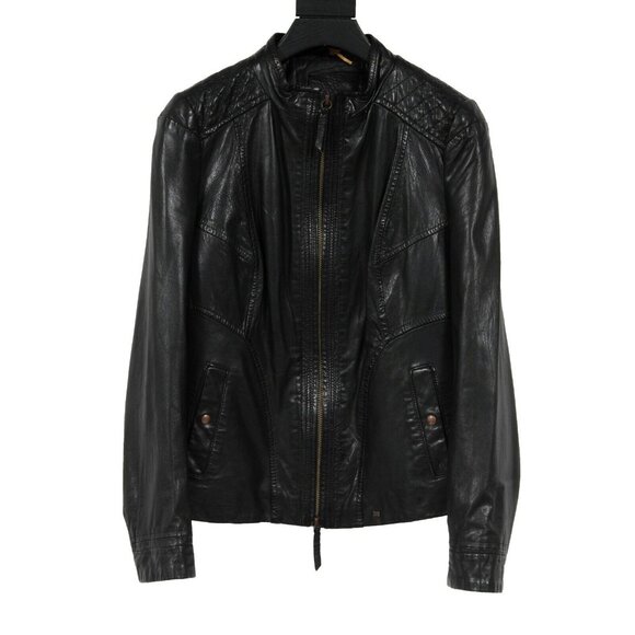 Hugo Boss Orange Biker Jacket 40 US 4 Black Leather Motorcycle Collarless Quilte